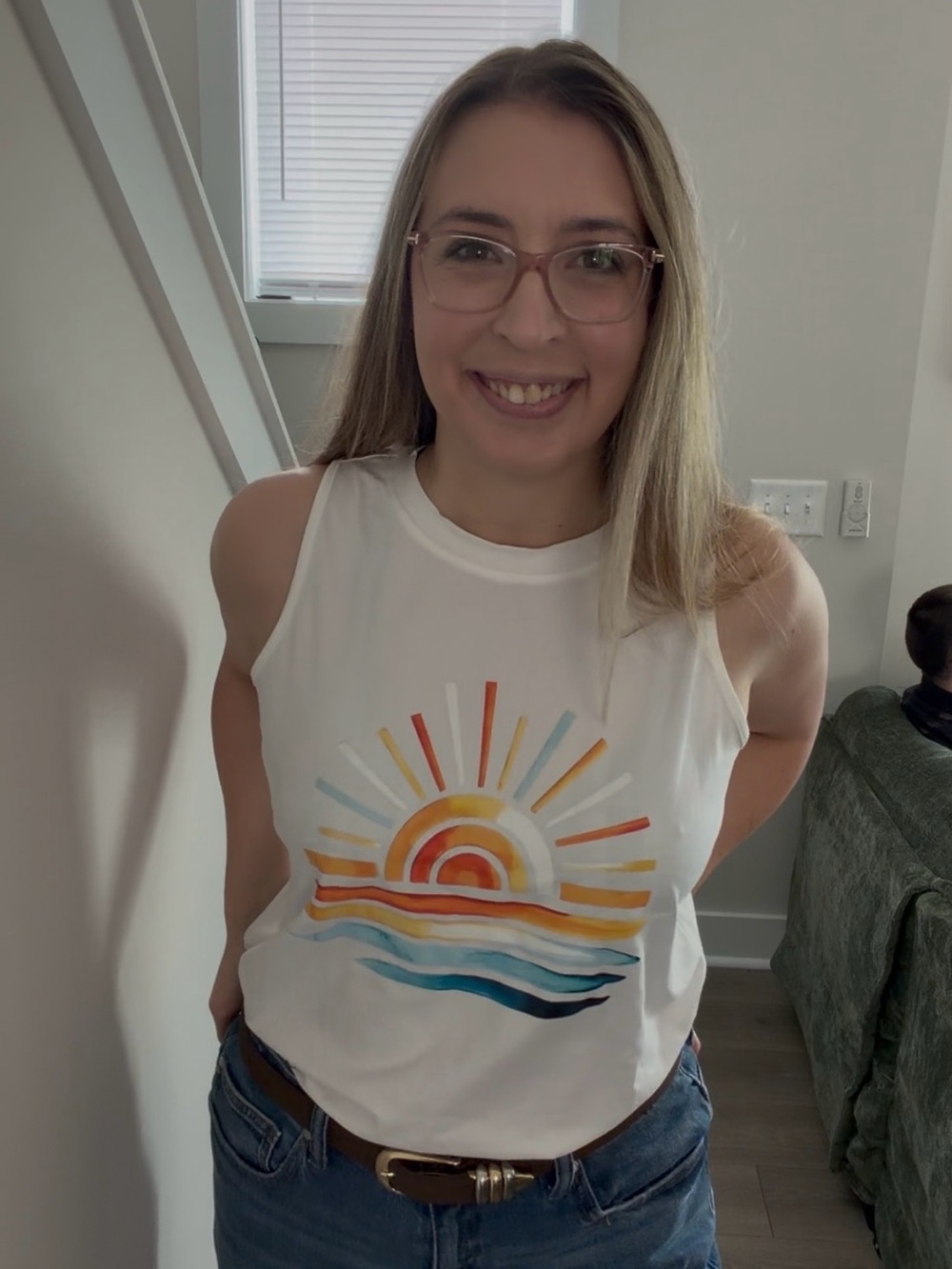Amazon White Tank Top with Multicolor Sunrise Graphic